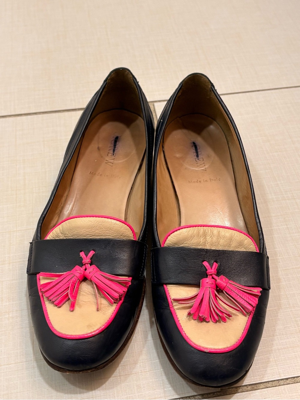 Vintage J. Crew Biella Navy & Beige Tassel Loafers with Hot Pink Trim size 6.5